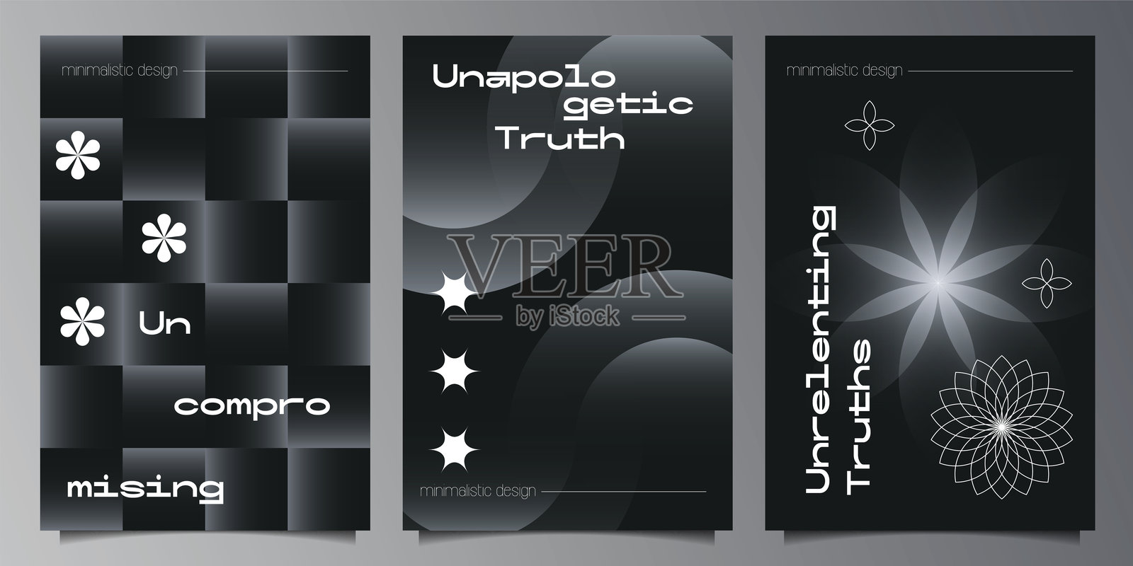 抽象的粗犷主义封面套装，带有黑色背景上的大几何形状。现代粗犷主义风格的简约图形印刷品。时尚的Y2K风格海报设计模板。矢量海报设计。插画图片素材