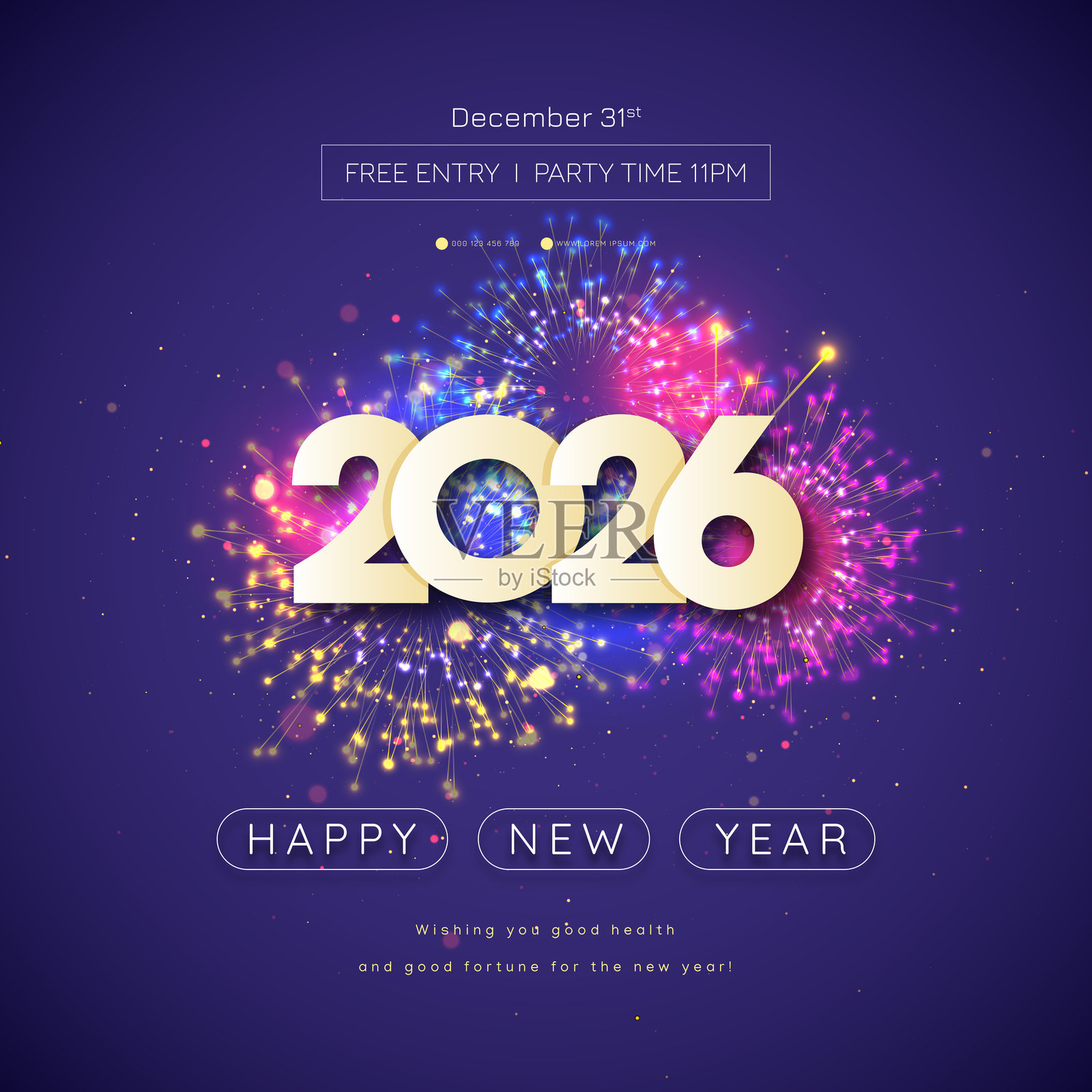 2026年标志与烟花，黑色背景上的文字空间。插画图片素材