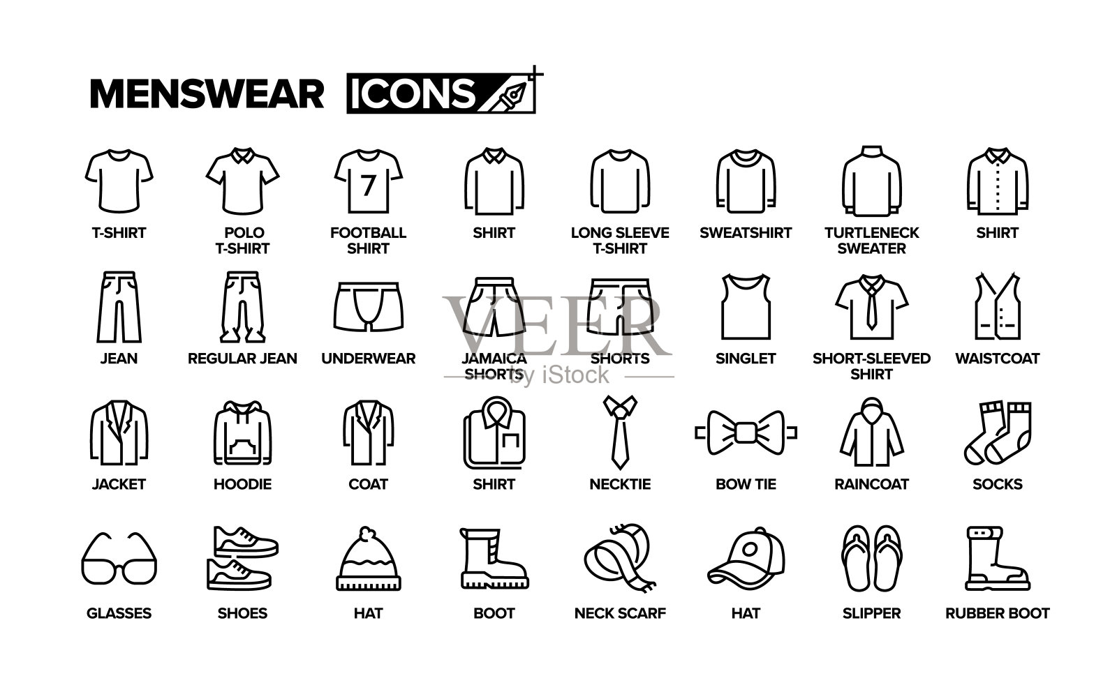 男装线条图标集。物品组合。插画图片素材