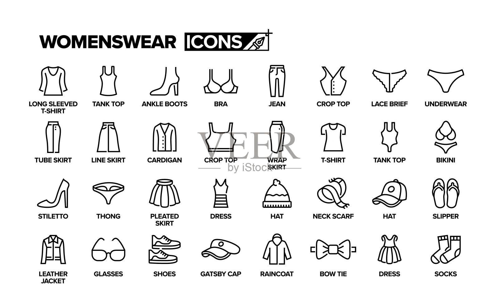 女性服装线条图标集。物品组。插画图片素材