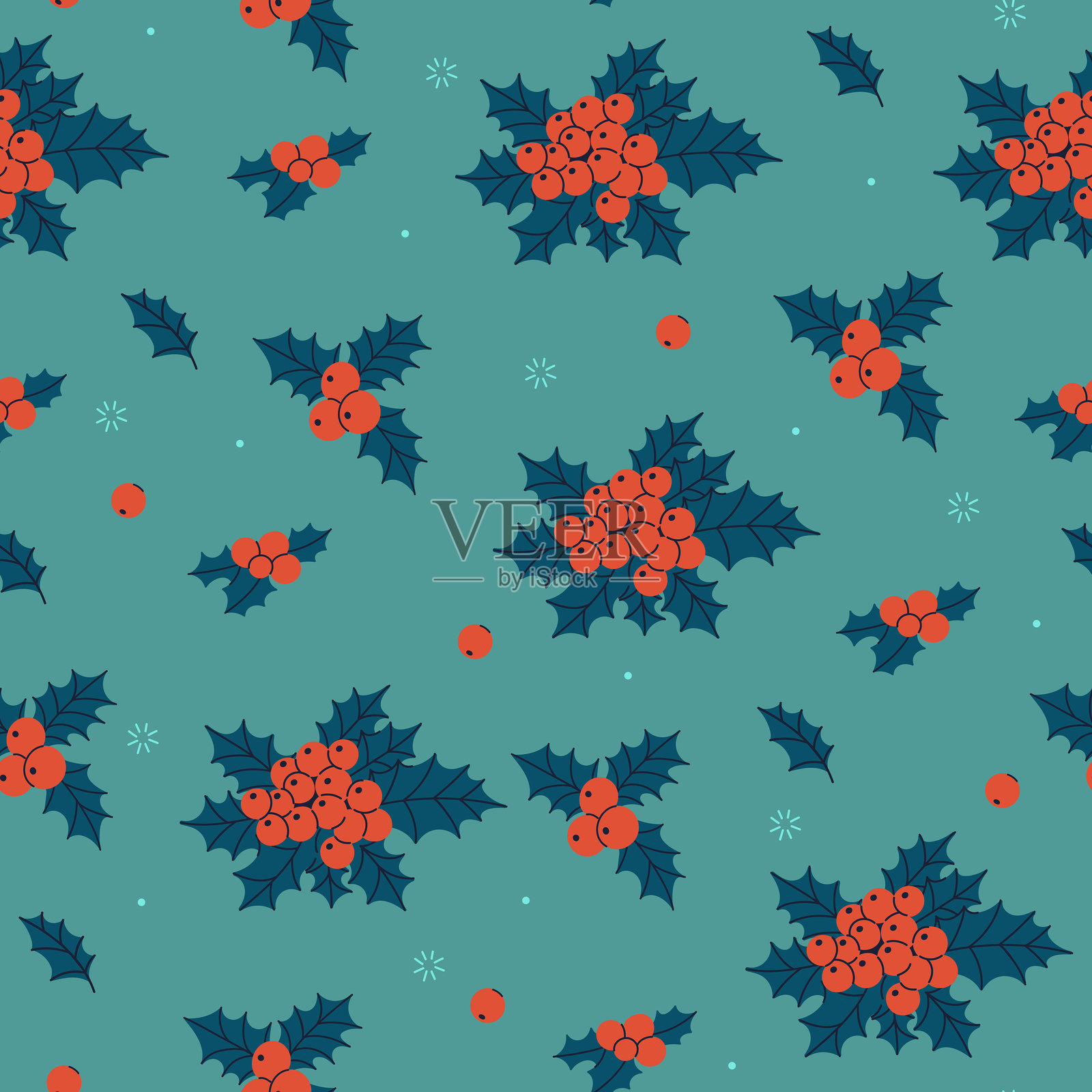 无缝图案，背景为青绿色，包含冬季浆果和冬青叶。矢量图形。插画图片素材