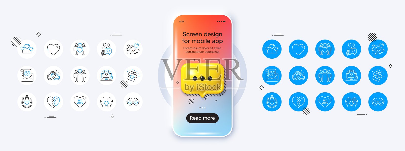 结婚戒指、爱心与情侣眼镜矢量图标（适用于网页App和印刷）插画图片素材
