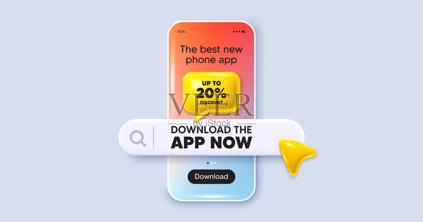 高达20%的折扣。促销价格标志。立即下载应用程序。手机模型屏幕。矢量图。插画图片素材