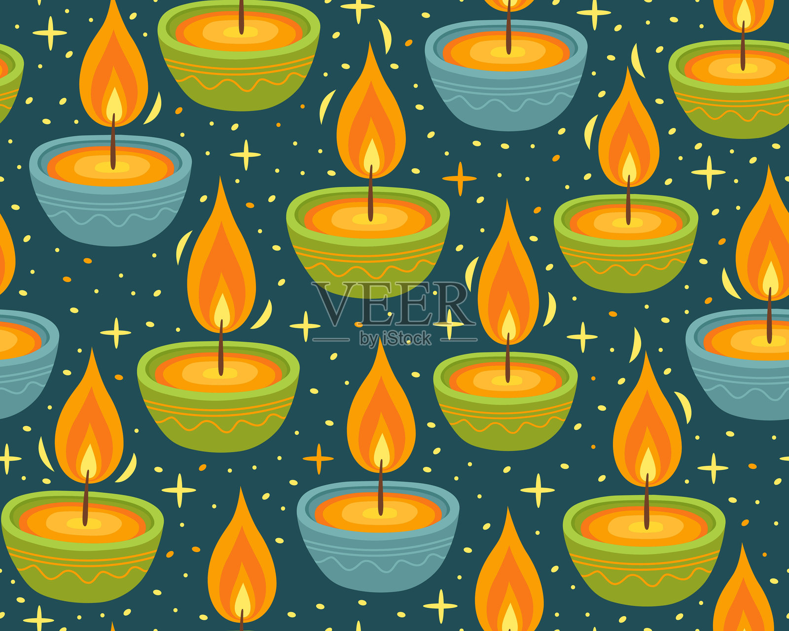 排灯节无缝图案。深绿色背景上燃烧的绿色和蓝色排灯节蜡烛。插画图片素材