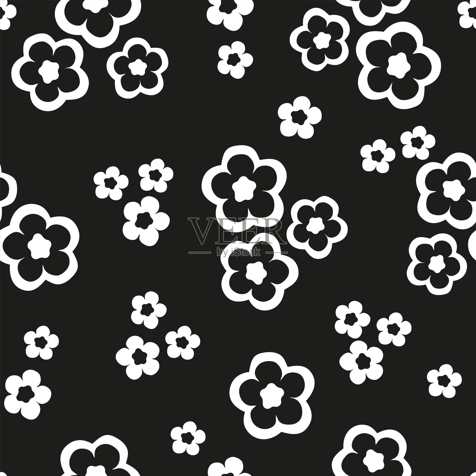 黑白凌乱的无缝花卉图案单色植物小花和树叶春季背景矢量无缝图案插画图片素材