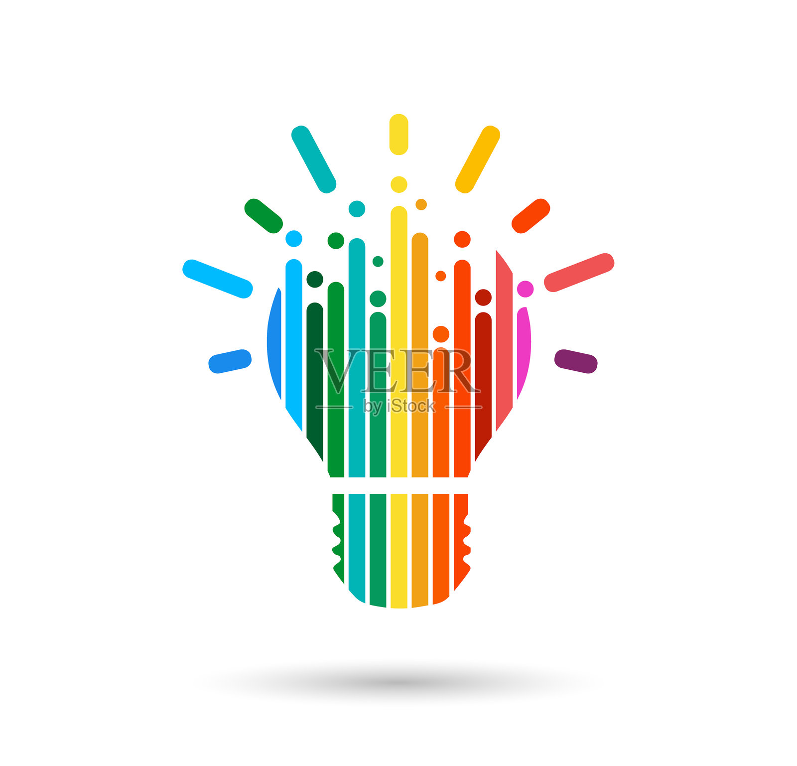 白色背景上的彩虹抽象灯泡。创意思维的脑力激荡。插画图片素材