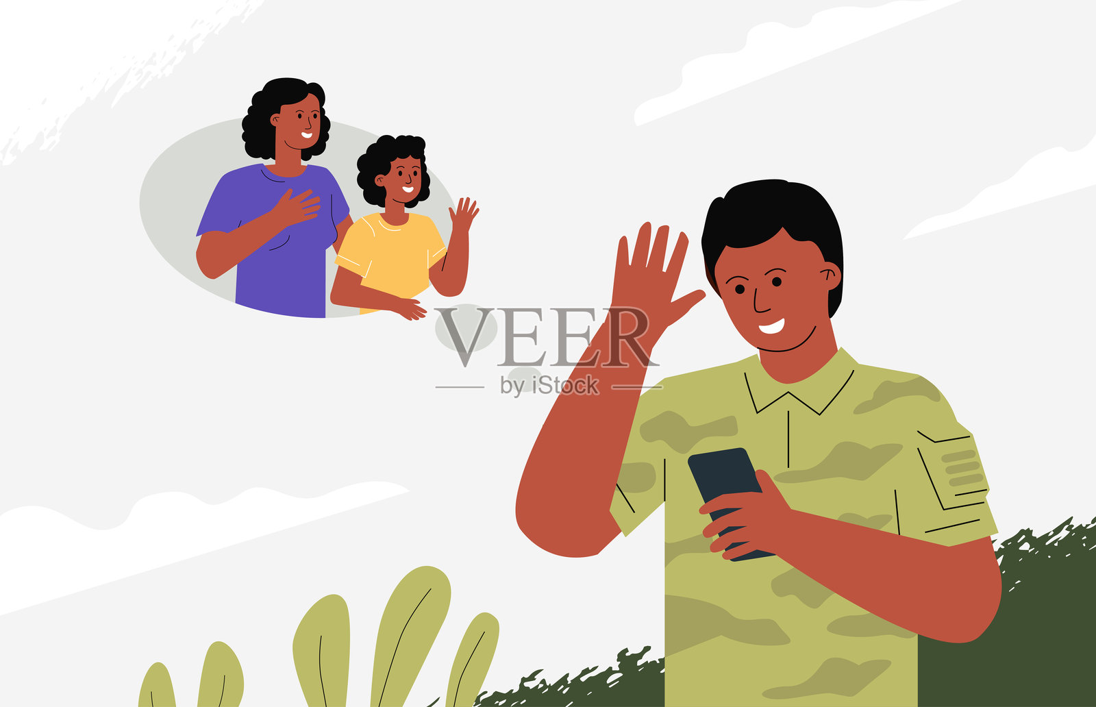 士兵通过智能手机与妻子和孩子沟通。伴侣在军队服役时在线互动的概念。插画图片素材