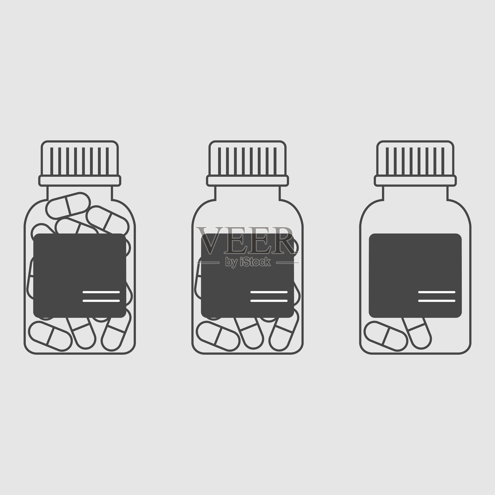 一组装有药丸的满瓶、半满瓶和空瓶的塑料瓶轮廓图标。插画图片素材