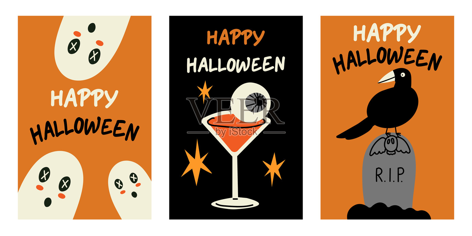 一套时尚的万圣节海报。扁平风格和搞笑角色。可爱的矢量海报套装，适合明信片、横幅和传单。插画图片素材