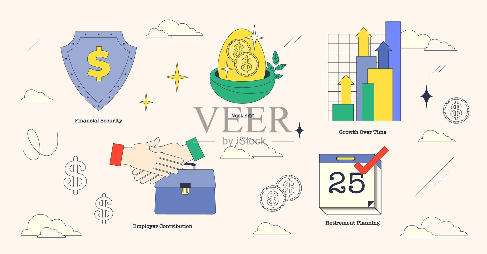 展示财务安全、储蓄、随时间增长、雇主的插图插画图片素材