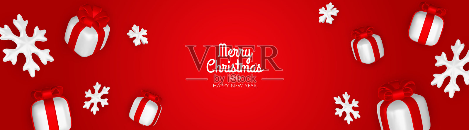 圣诞节假期横幅。圣诞树和圣诞球、礼物、雪花。金色和红色闪光装饰。适用于节日标题、贺卡、派对海报。插画图片素材