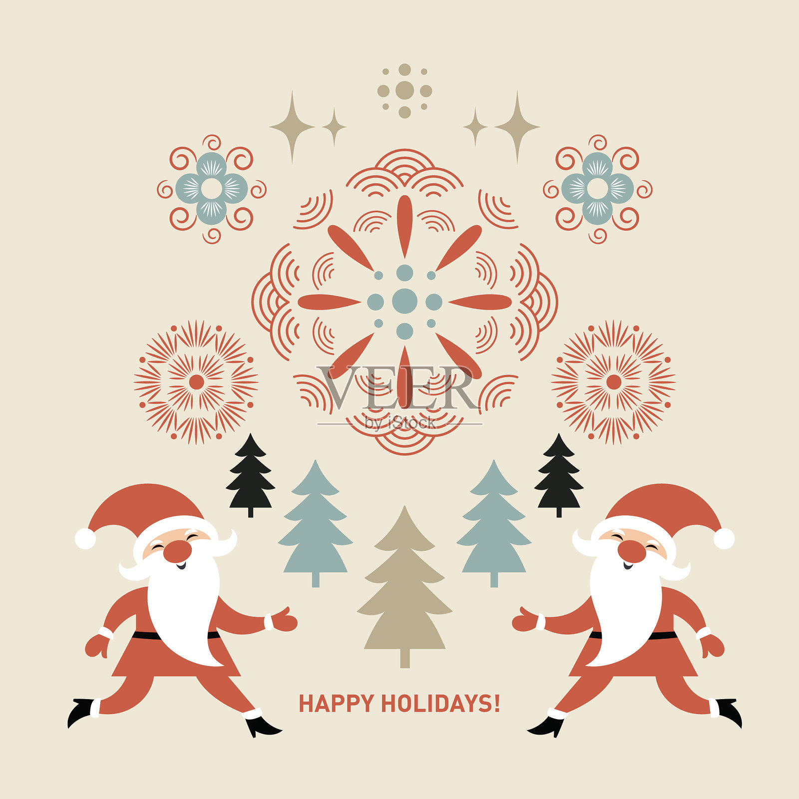 圣诞贺卡，节日问候主题，可爱的圣诞老人和装饰元素，矢量插图插画图片素材