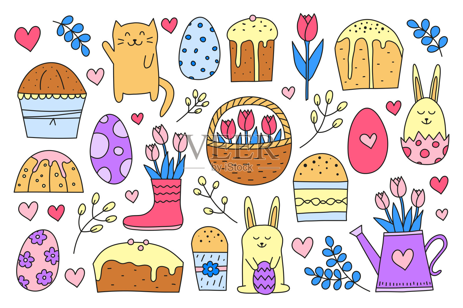 涂鸦复活节彩色套装插画图片素材