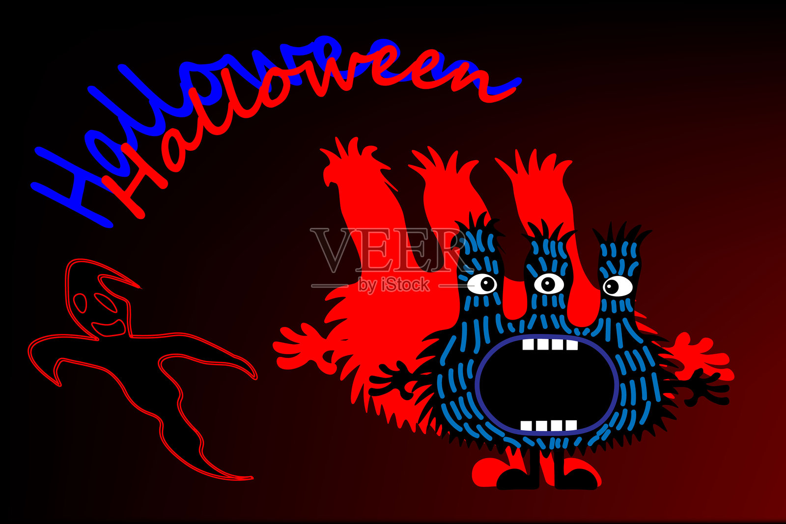 卡通可爱的彩色怪物与黑色阴影。万圣节假期。不要害怕黑暗。不同情绪的彩色怪物。明信片、传单、横幅、贴纸。阴影矢量图。插画图片素材