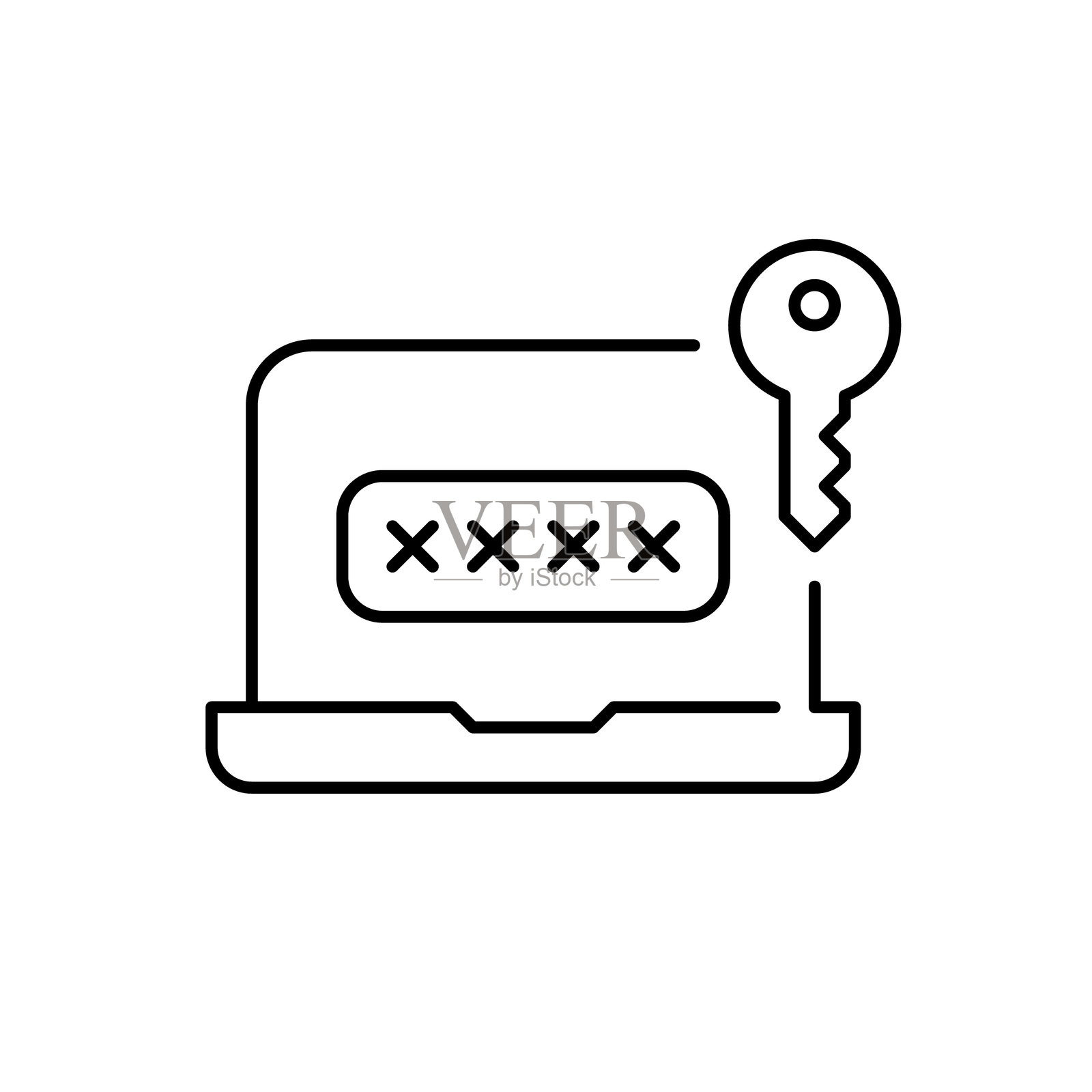 带有密码输入框和钥匙的笔记本电脑。安全数据访问，计算机用户登录。像素完美，可编辑的线条图标。插画图片素材