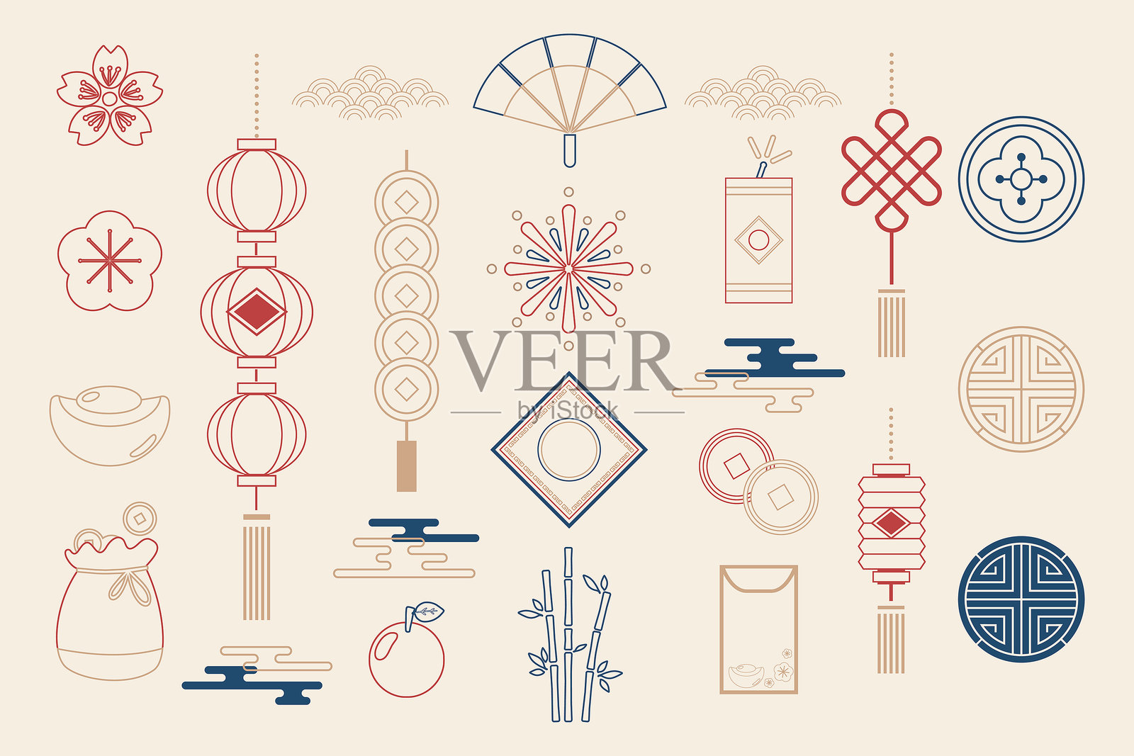 手绘中国风红色金色传统元素，适用于海报、贺卡、标签、邀请函、媒体和网页插画图片素材