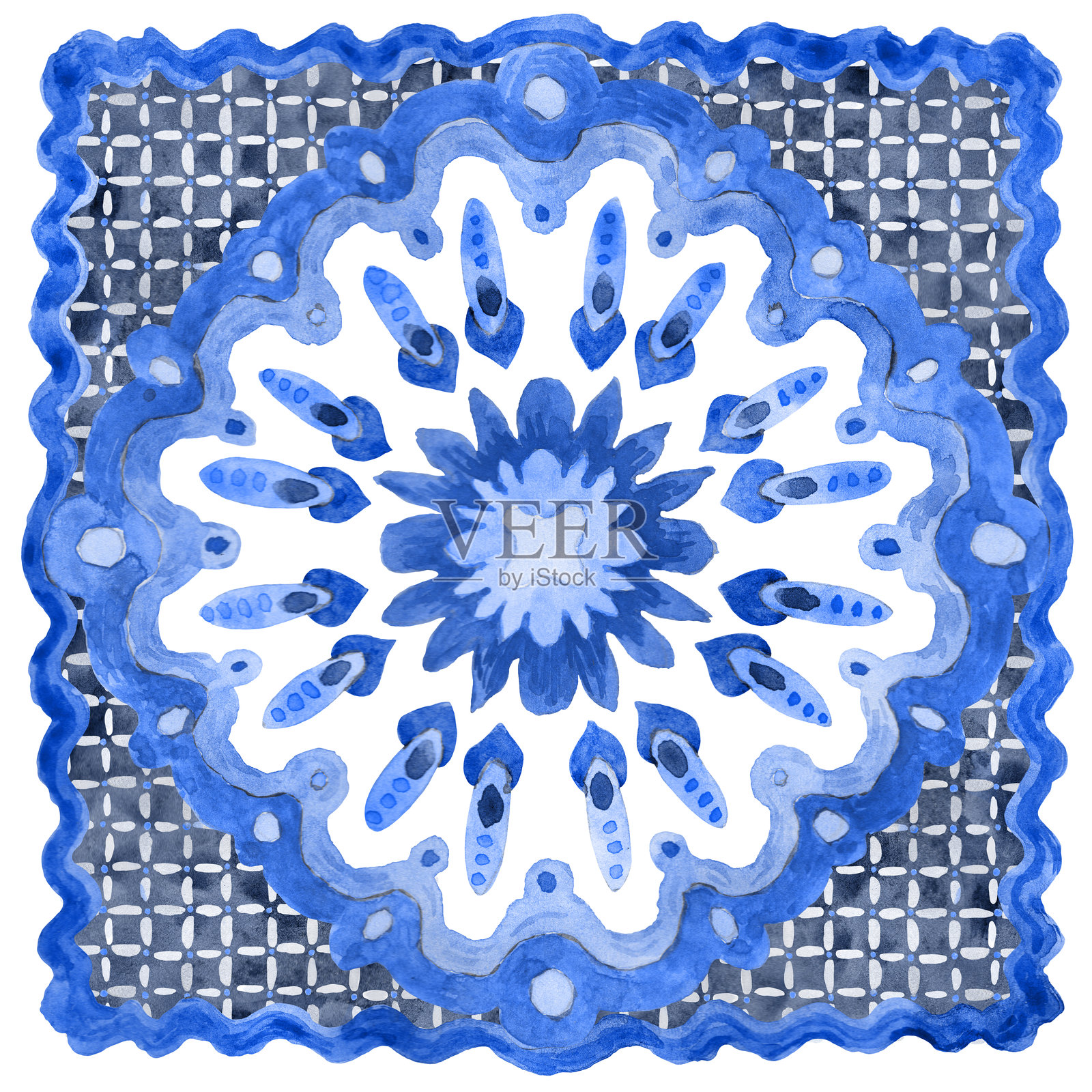 水彩画的瓷砖，上面手绘蓝色装饰，采用地中海马约利卡陶瓷绘画风格，背景为白色。插画图片素材
