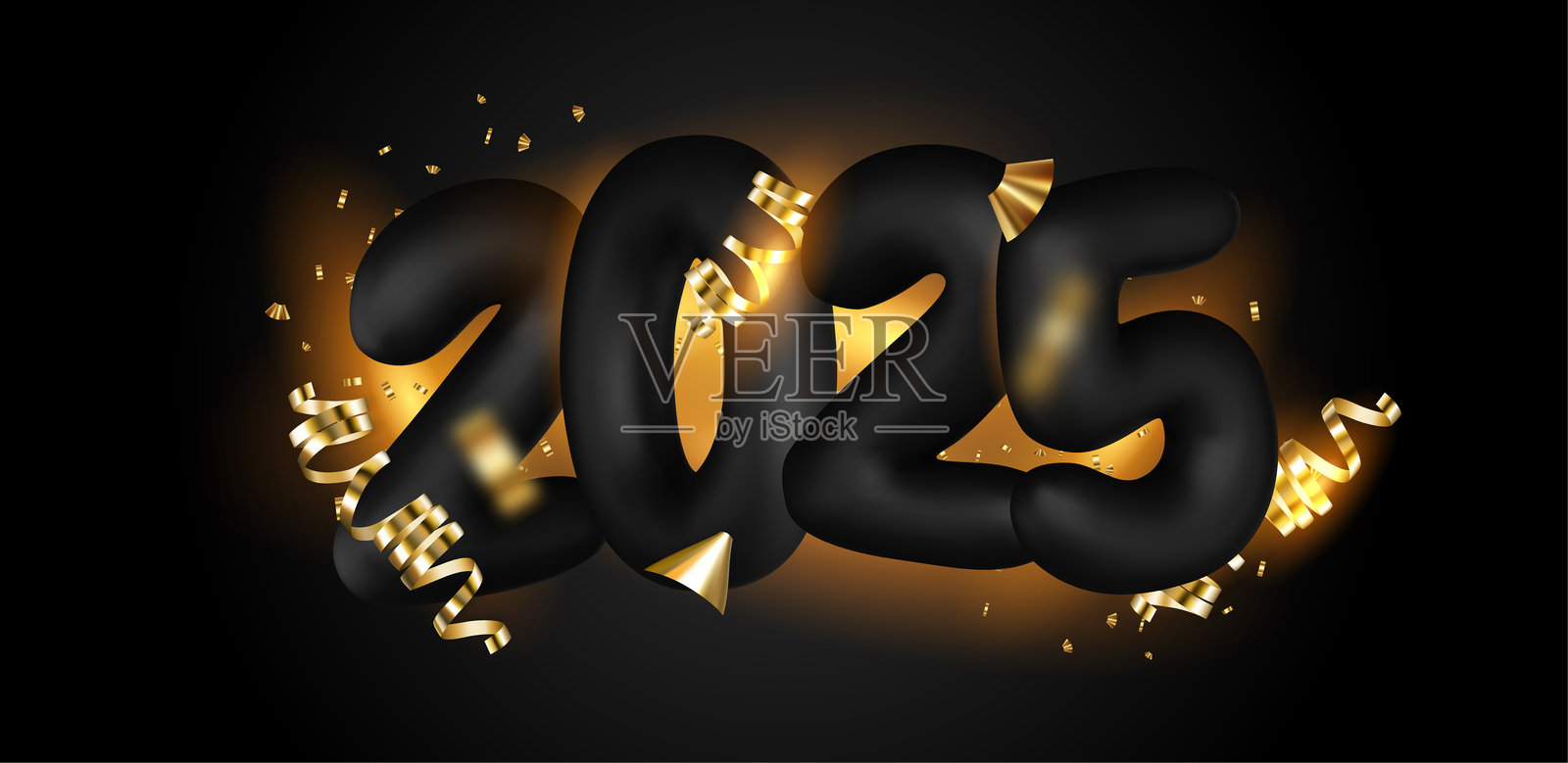 2025年逼真的光泽数字与黑色礼品盒。新年快乐，圣诞快乐2025。贺卡。矢量3D渲染。插画图片素材