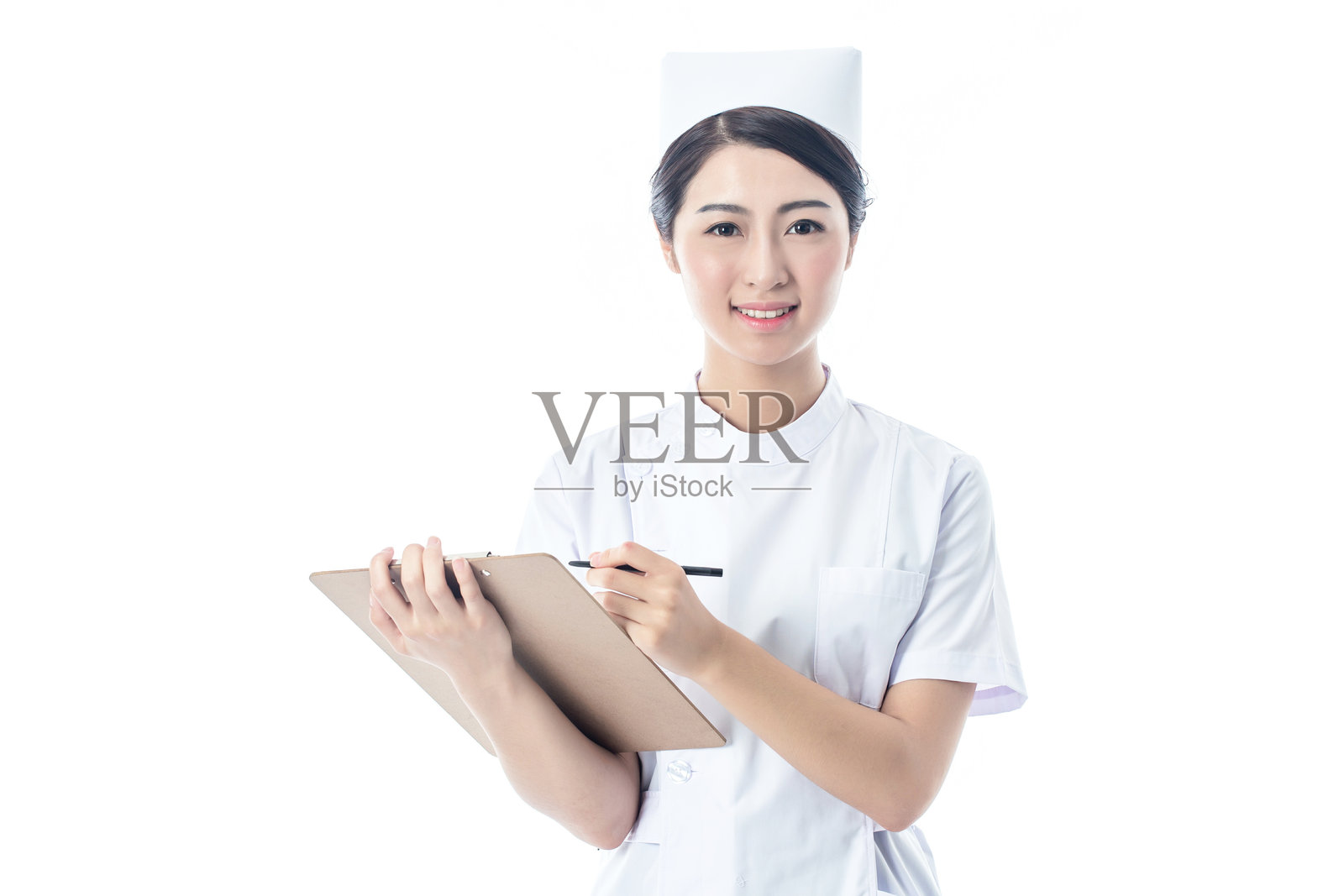 护士肖像。背景为白色。照片摄影图片