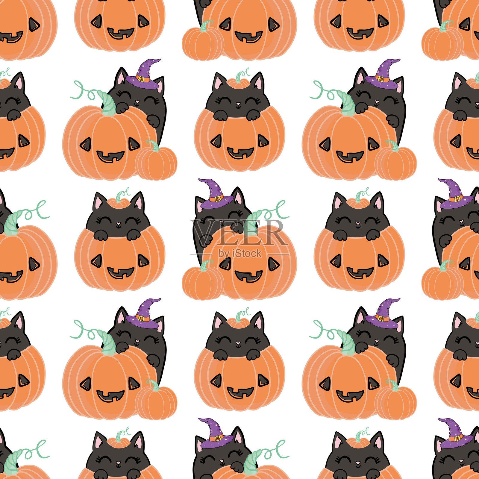 恐怖的万圣节小猫脸，恐怖动物和可爱的巫术猫无缝矢量插图。万圣节无缝猫壁纸插画图片素材