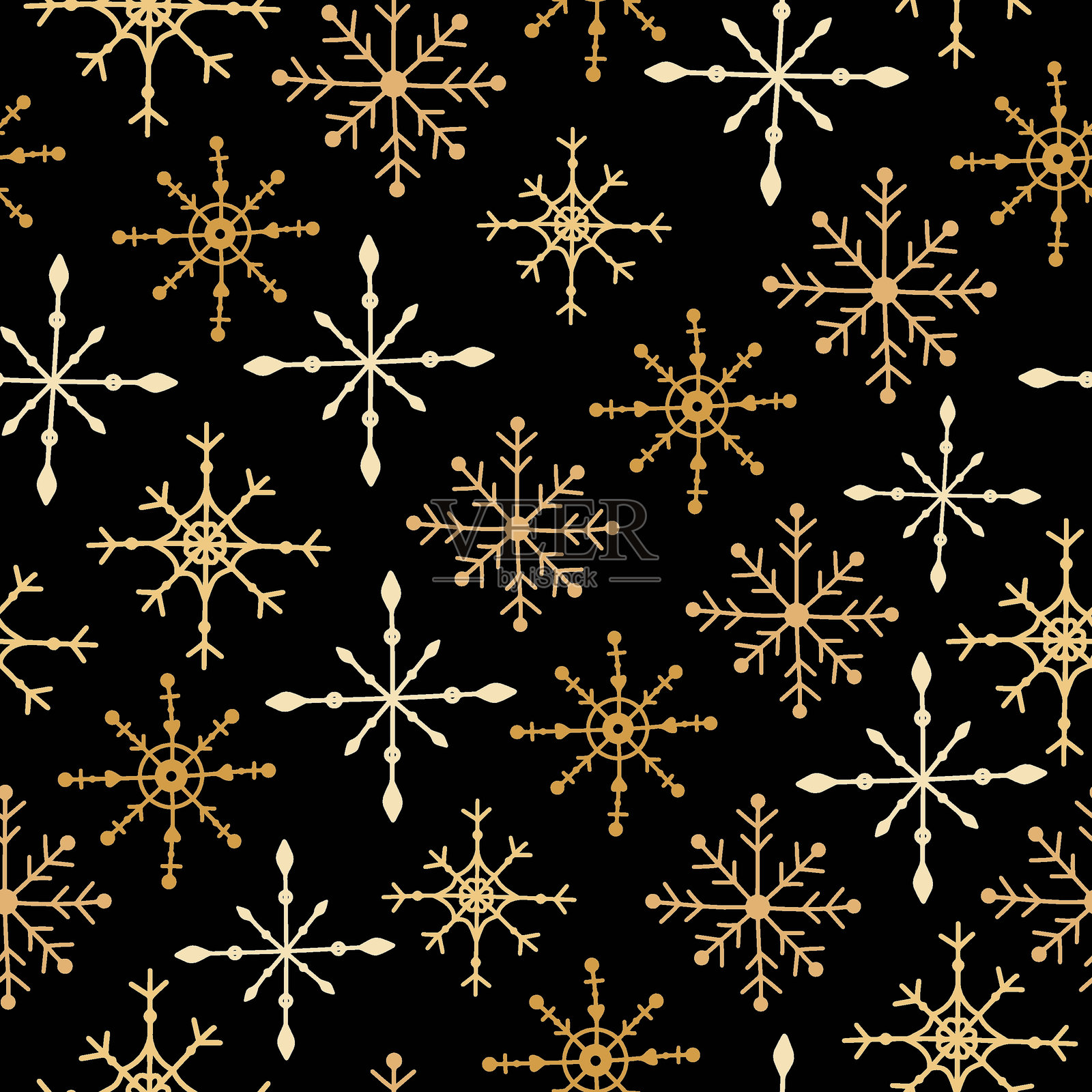 手绘涂鸦矢量金色金属雪花在黑色背景上的奢华魔幻新年图案插画图片素材