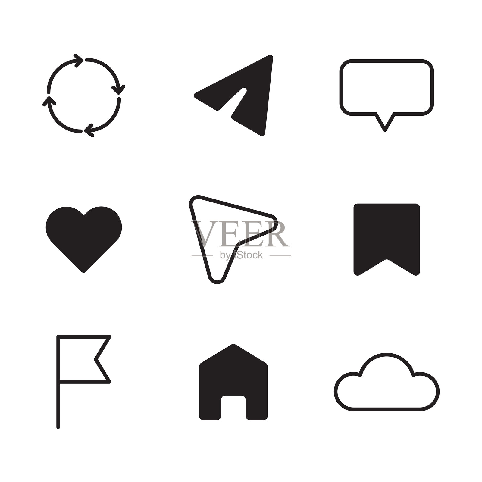 社交媒体图标集。基本沟通符号。极简黑色形状。矢量图形合集。插画图片素材