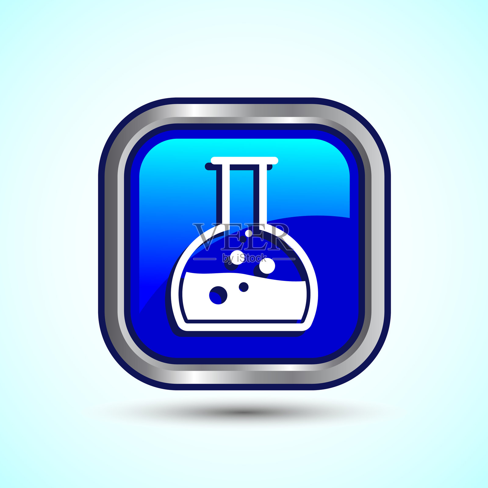 实验室烧瓶图标设计插图，蓝色方形按钮设计，适用于应用程序和网站的化学烧瓶图标插画图片素材