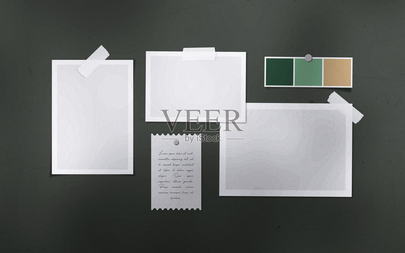 逼真的3D空白相框、胶卷、纹理、装饰、撕裂纸张粘贴纹理和胶带情绪板模型。带有叶子和窗户阴影叠加的磨损纹理背景矢量插图。插画图片素材