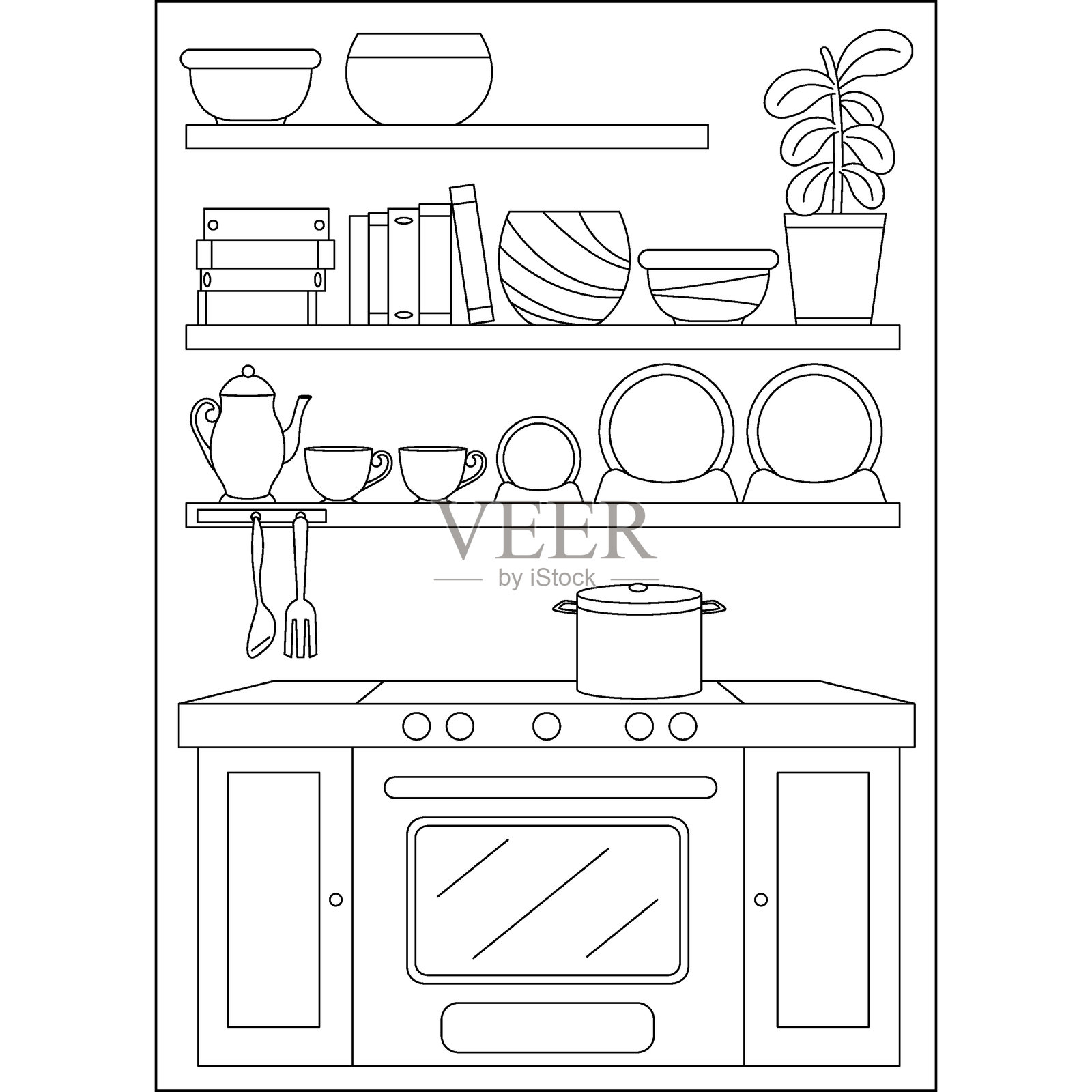 厨房书架极简风格涂色书页插画图片素材