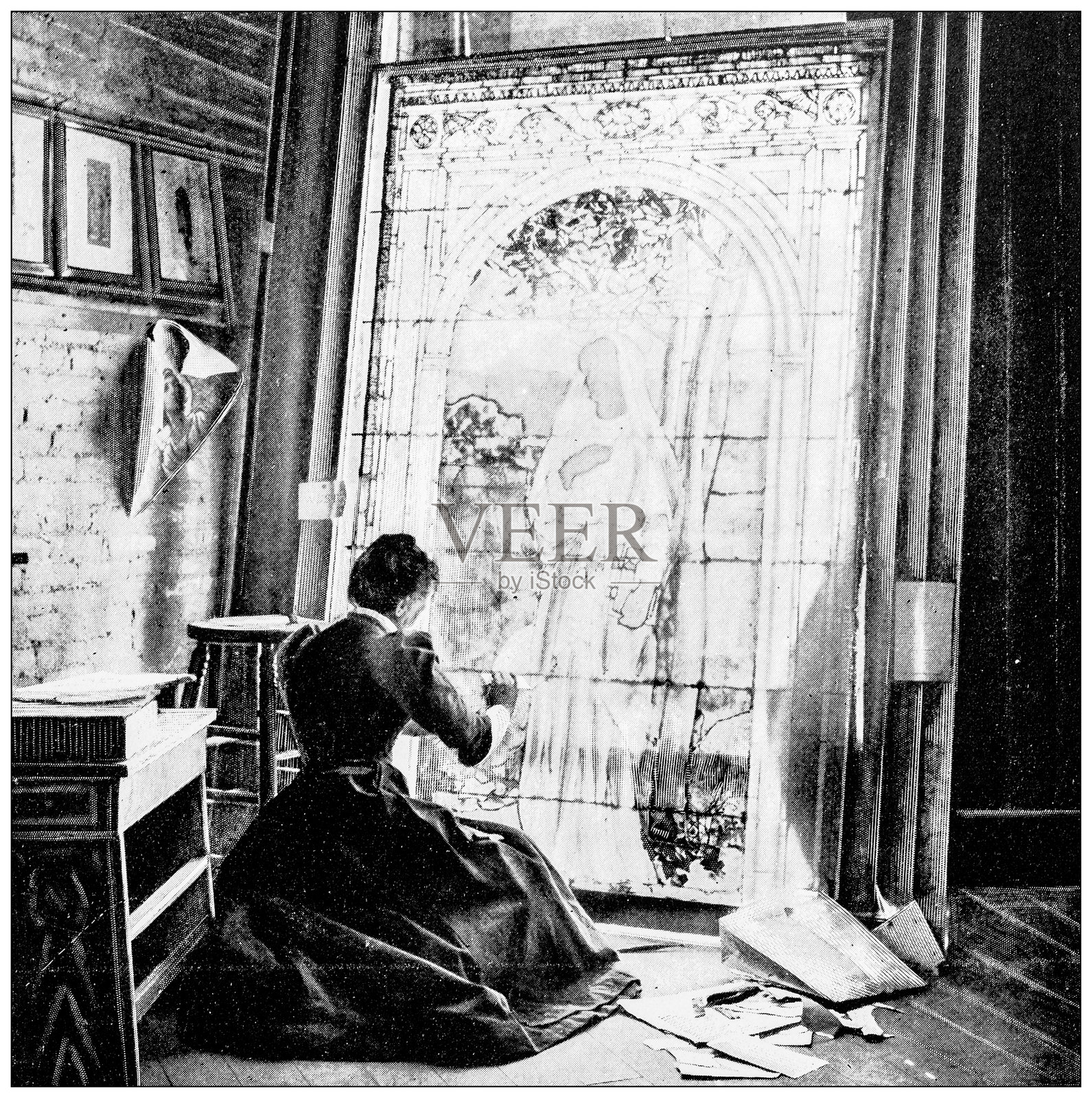 古董图像：制作彩色玻璃窗，选择镀层插画图片素材