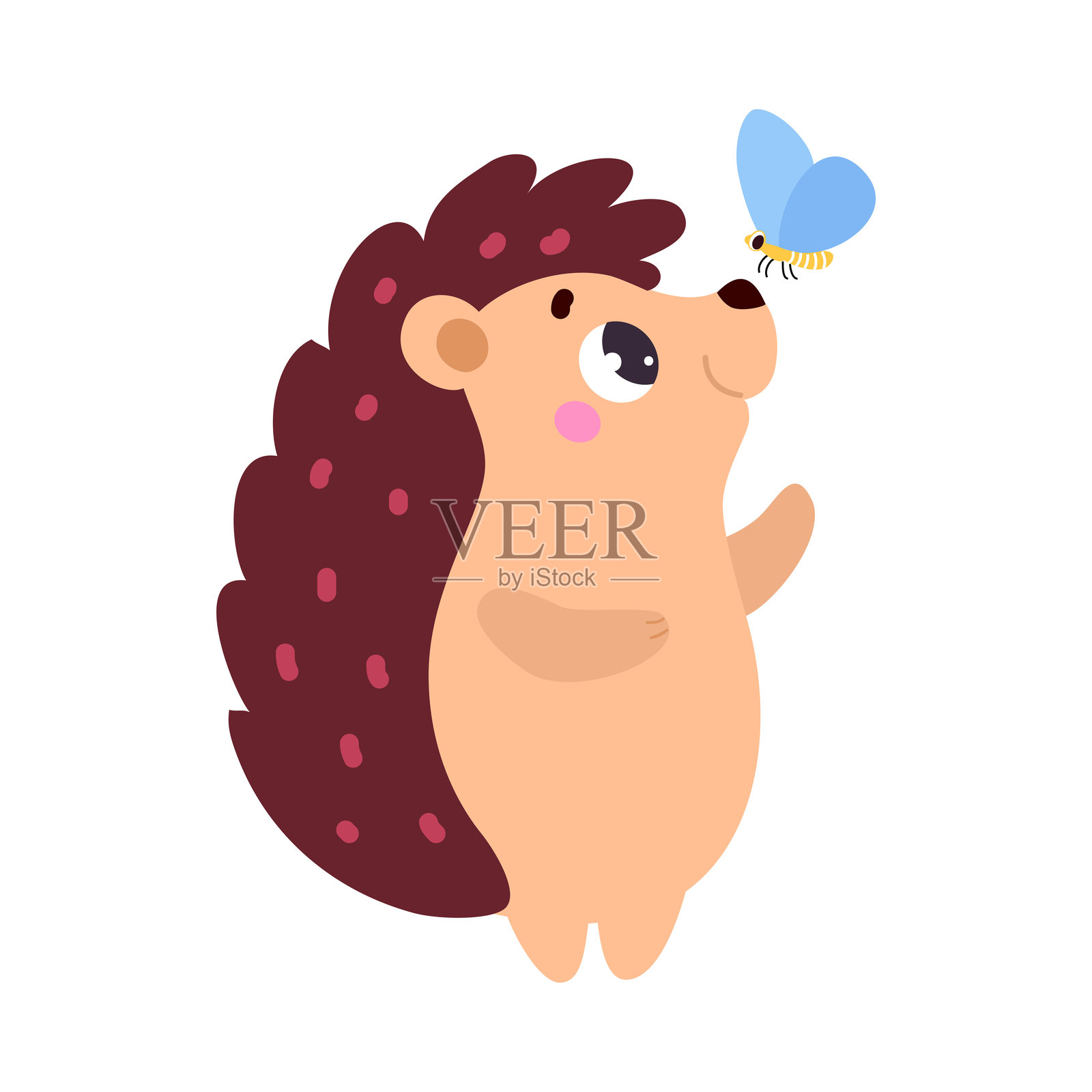 可爱的刺猬角色站在树桩上，蝴蝶落在它的鼻子上矢量插图插画图片素材