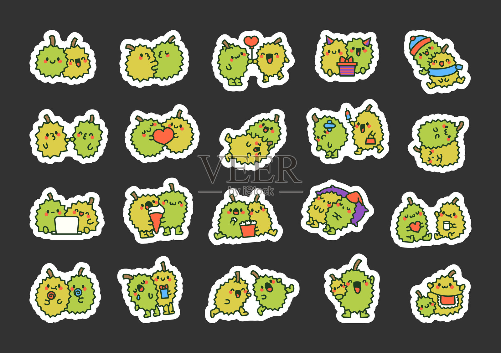 可爱的榴莲情侣。贴纸书签。可爱的角色友谊。手绘风格。矢量图。设计元素合集。插画图片素材