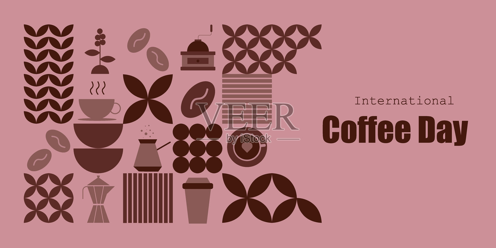 国际咖啡日。10月1日。带有咖啡、谷物、咖啡研磨机、咖啡杯元素的几何图案。矢量插图。插画图片素材