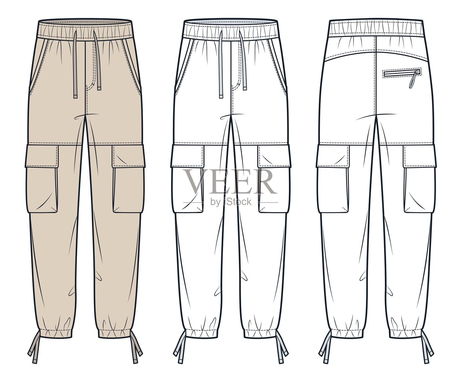 运动裤时尚平面技术图纸模板。工装裤技术时尚插图，侧口袋，弹性腰带，正面和背面视图，白色，米色，男女通用CAD模型套件。插画图片素材
