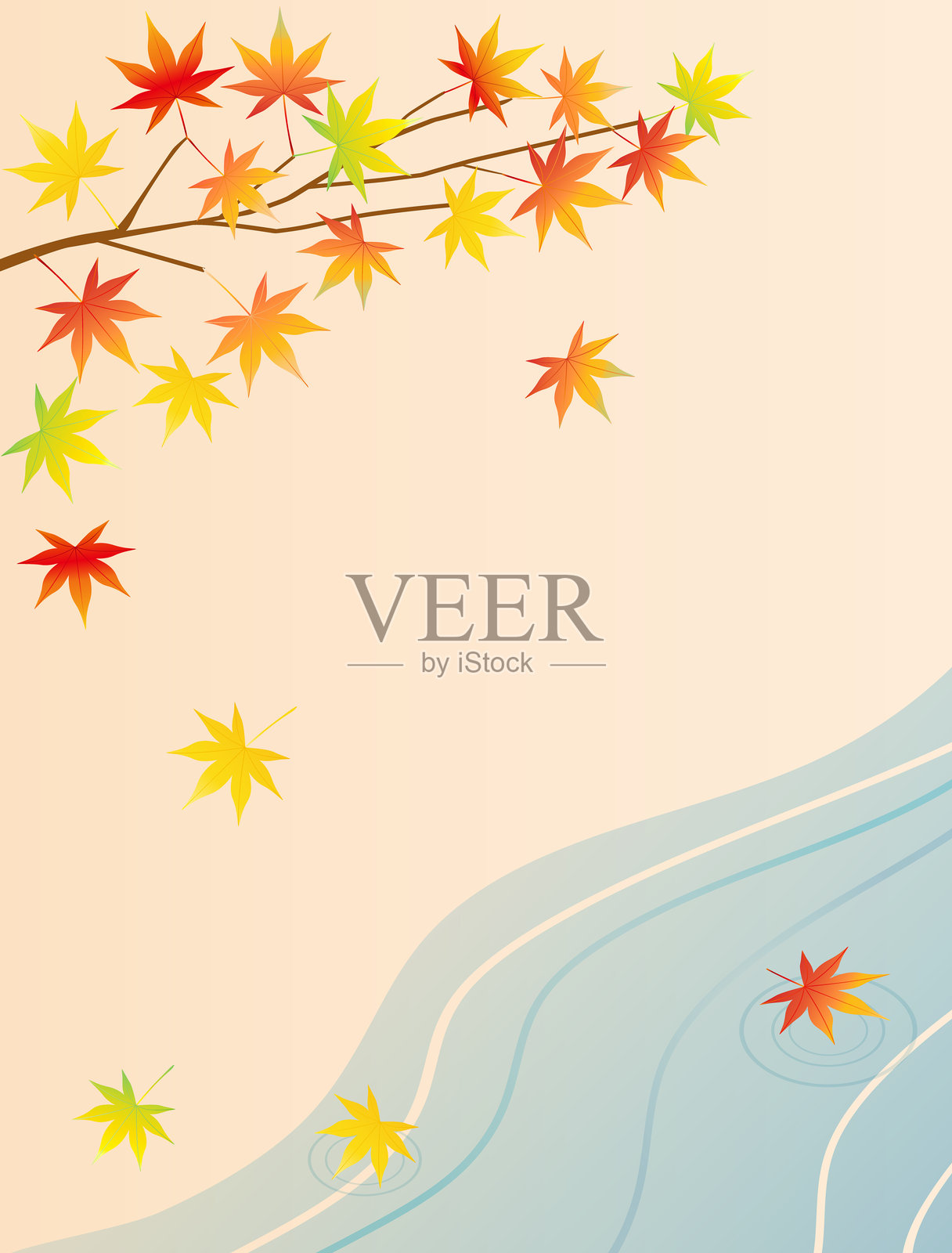 结合水边和日本枫叶的日本风格插图插画图片素材