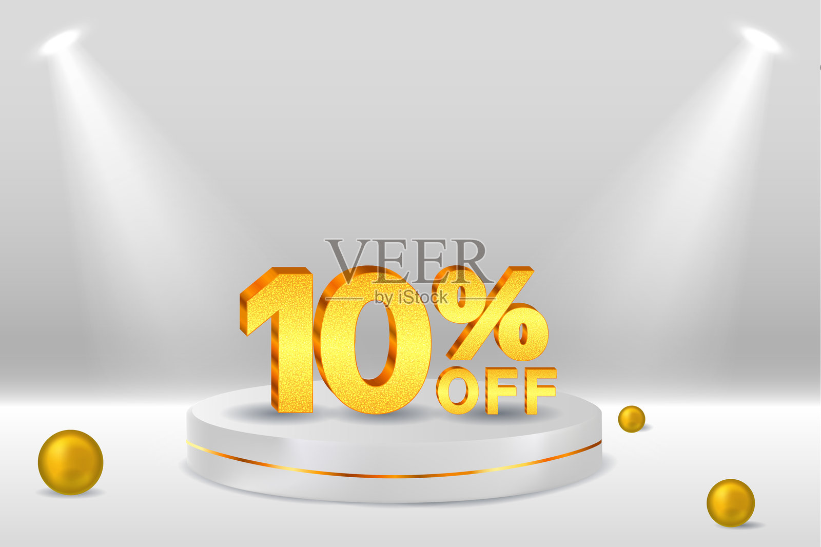 10%折扣。折扣。带有装饰物、金球和展台的3D促销符号。10个百分点。促销横幅和海报。矢量插图。插画图片素材