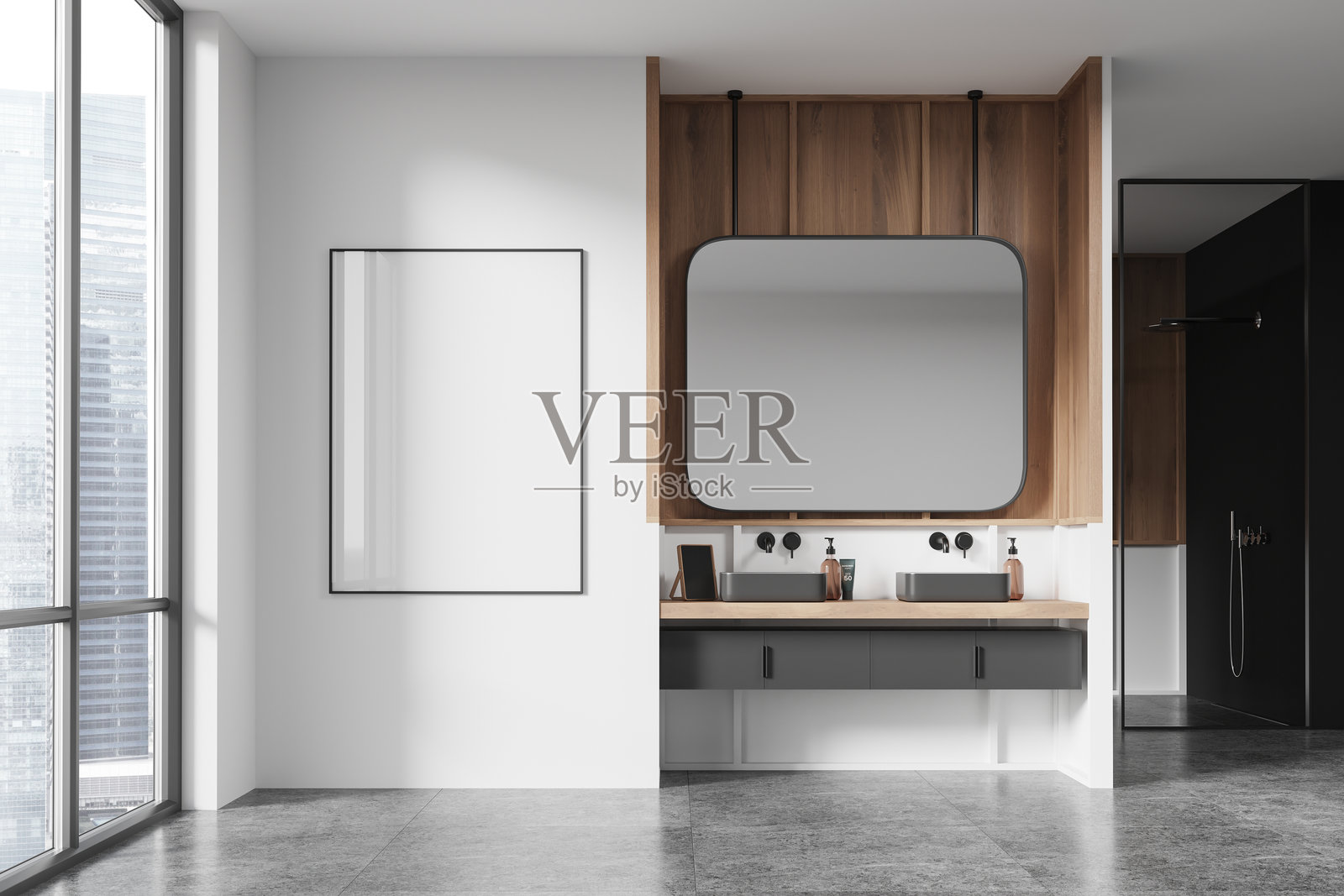 现代浴室室内，墙上挂着空白框架海报。3D渲染图照片摄影图片