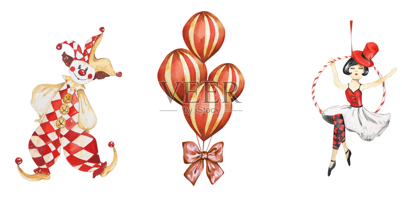 复古马戏主题元素套装。红色气球束、杂技演员、小丑。水彩插图。适用于明信片、邀请函、儿童服装、配饰。插画图片素材