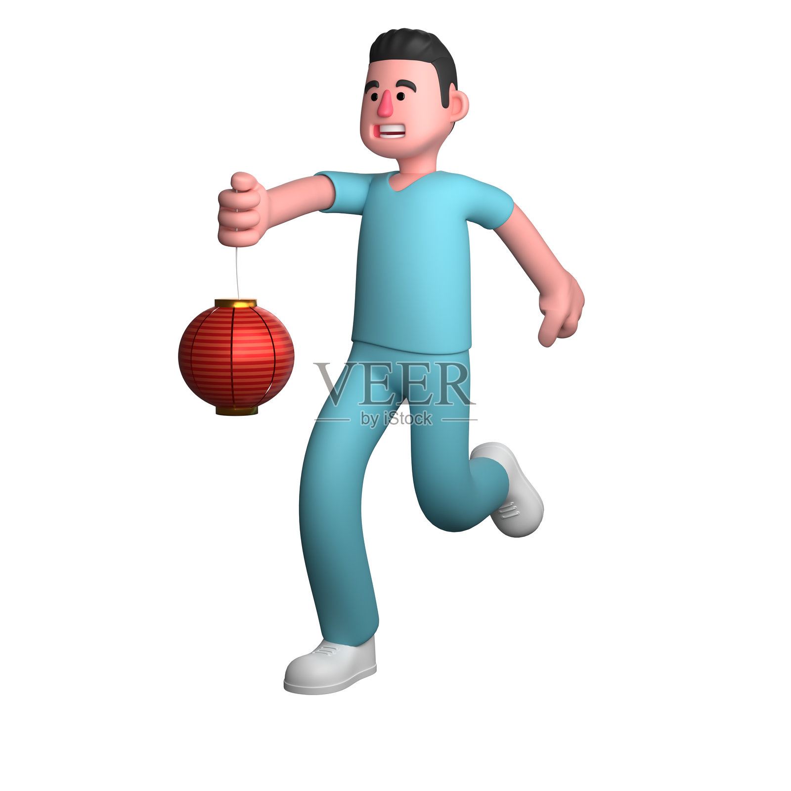 专业男性医疗角色。一名男护士正在奔跑，右手提着一个红色灯笼。3D护士照片摄影图片