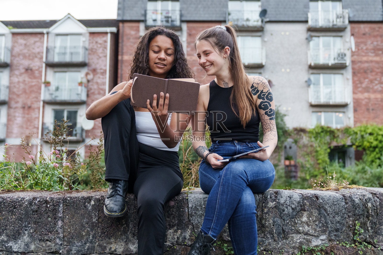 两名女子坐着看笔记本照片摄影图片