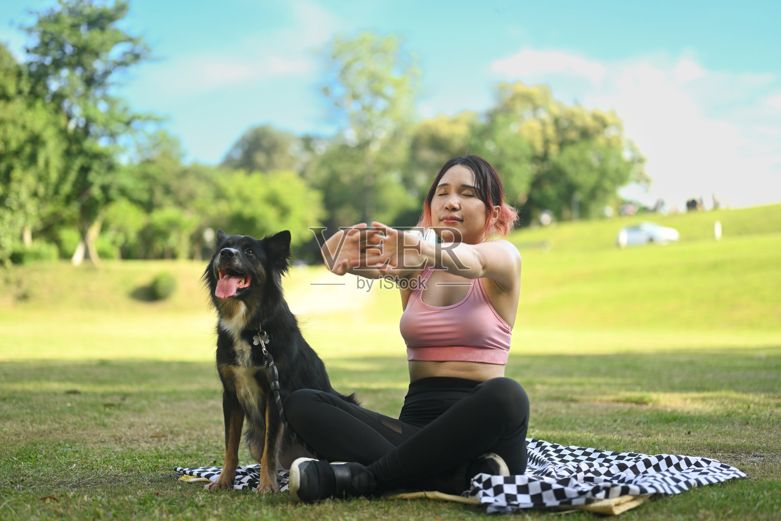 年轻女人和她的狗坐在毯子上伸展手臂照片摄影图片