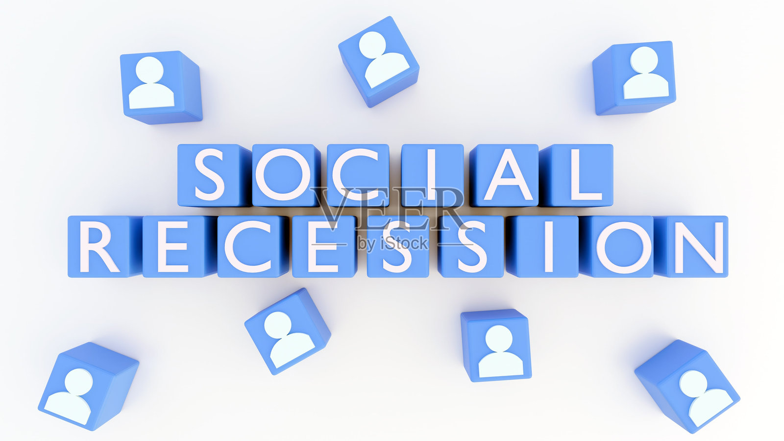 用分散的人形结构拼出的单词“SOCIAL RECESSION”照片摄影图片