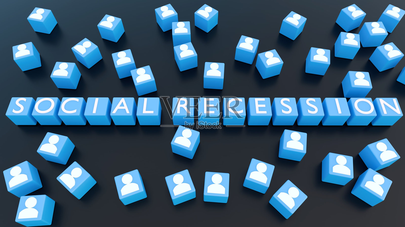 用分散的人形结构拼出的单词“SOCIAL RECESSION”照片摄影图片