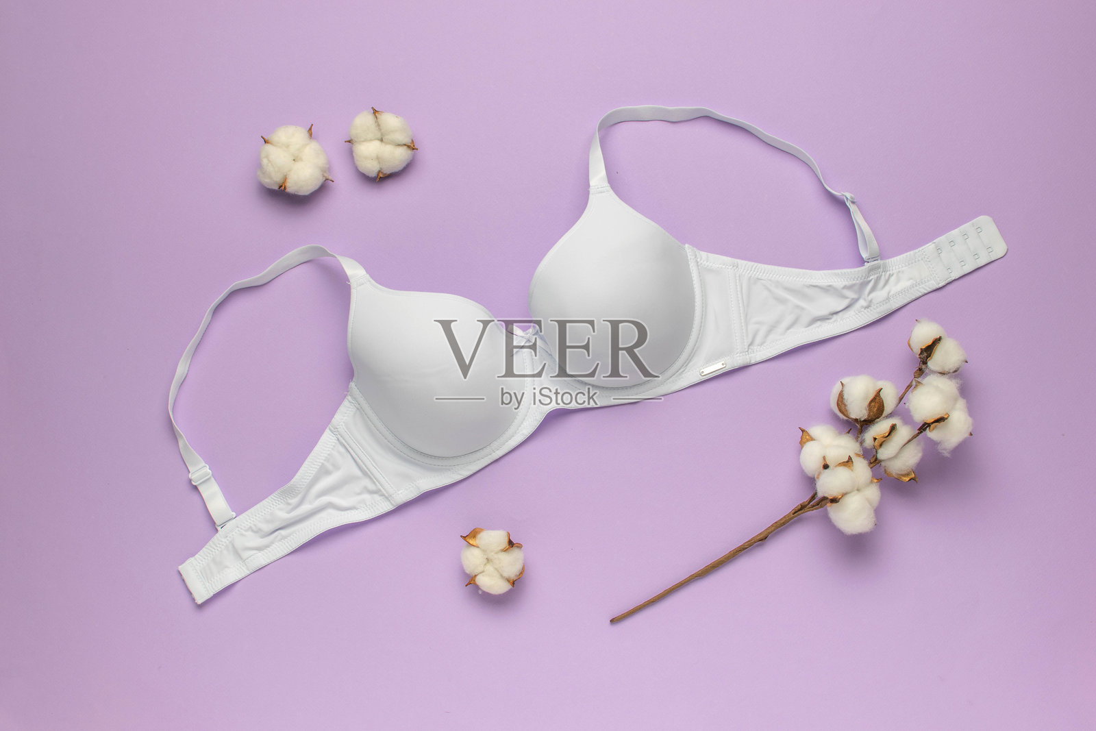 紫色背景上的白色棉质胸罩与棉花——有机内衣和天然材料照片摄影图片
