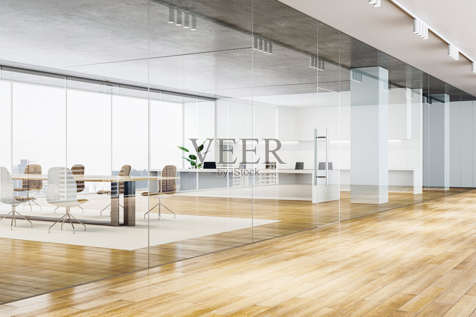 现代空旷的办公室内部，配有玻璃隔断和木地板。3D渲染图照片摄影图片
