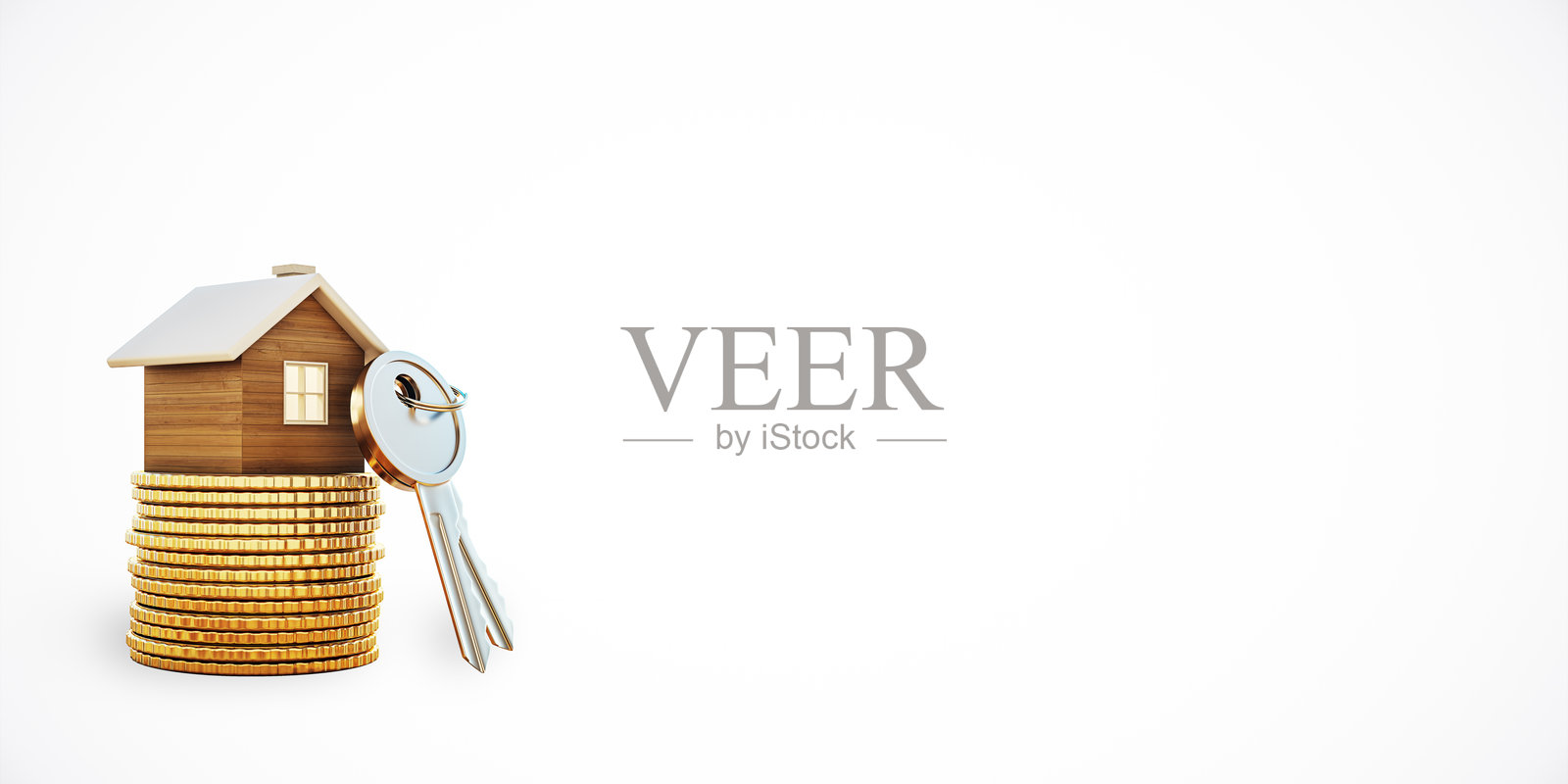 金币上的木屋与钥匙3D渲染照片摄影图片