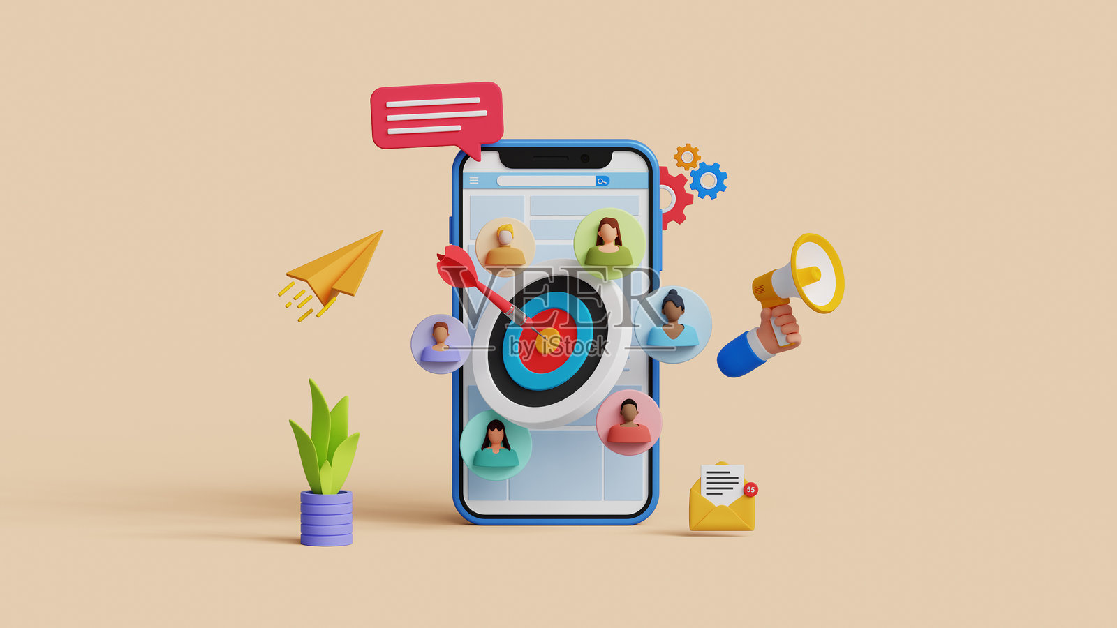 目标受众、目标营销策略、买家角色、广告活动概念。客户关系管理（CRM）概念。带有目标受众和营销图标的3D智能手机。照片摄影图片