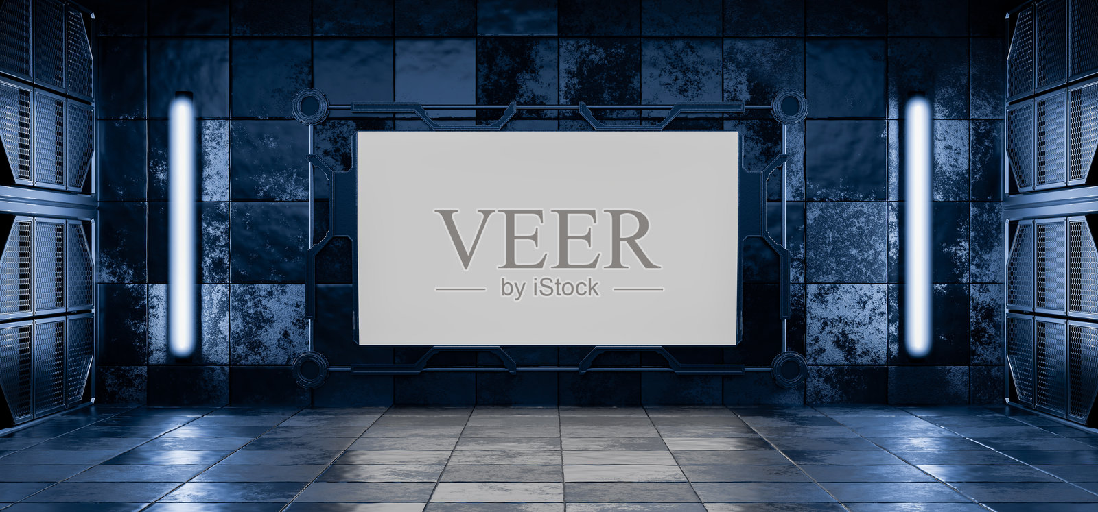 未来主义的机库中的广告牌。现代仓库内的空广告牌。隧道。磨损的混凝土。赛博朋克广告牌。未来主义的空白广告牌模型。科幻，空广告牌。3D渲染。照片摄影图片