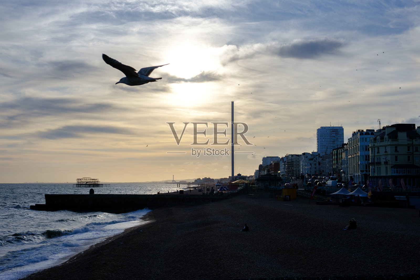 英国萨塞克斯州黄昏时分布莱顿海滨，前景中有一只飞翔的海鸥剪影。照片摄影图片