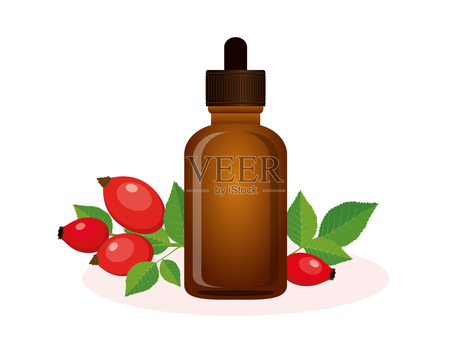 棕色玻璃瓶中的玫瑰果面部油矢量插图插画图片素材